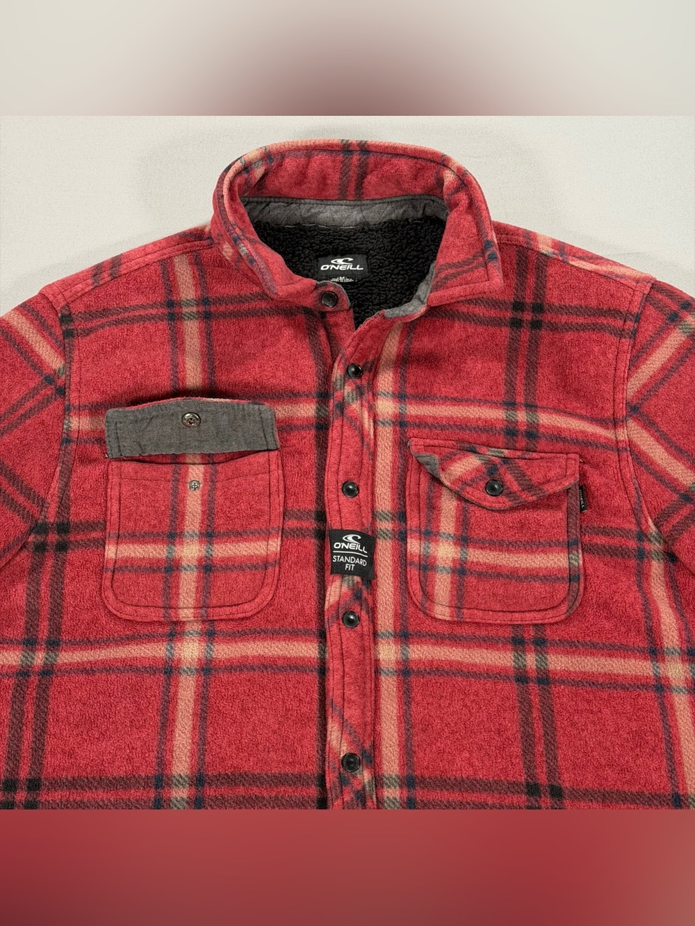 O'Neill Superfleece Men's M Sherpa Lined Plaid Fleece Shirt Jacket Red Flannel - Picture 4 of 12